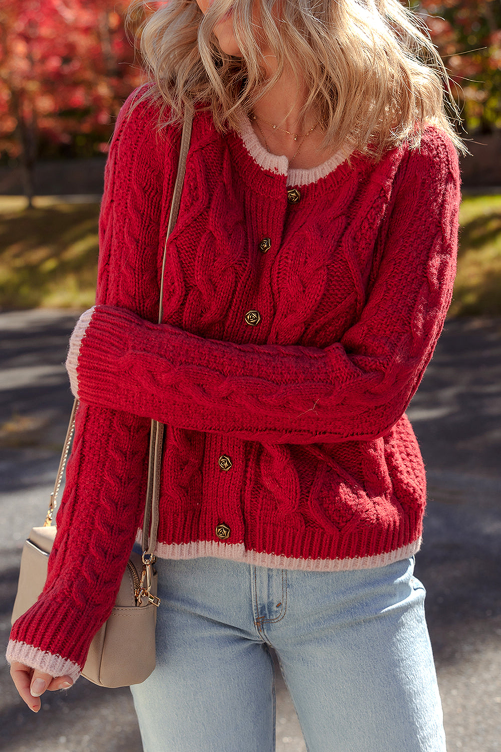 Racing Red Color Contrast Edge Cable Knit Buttoned Cardigan Cardigans JT's Designer Fashion