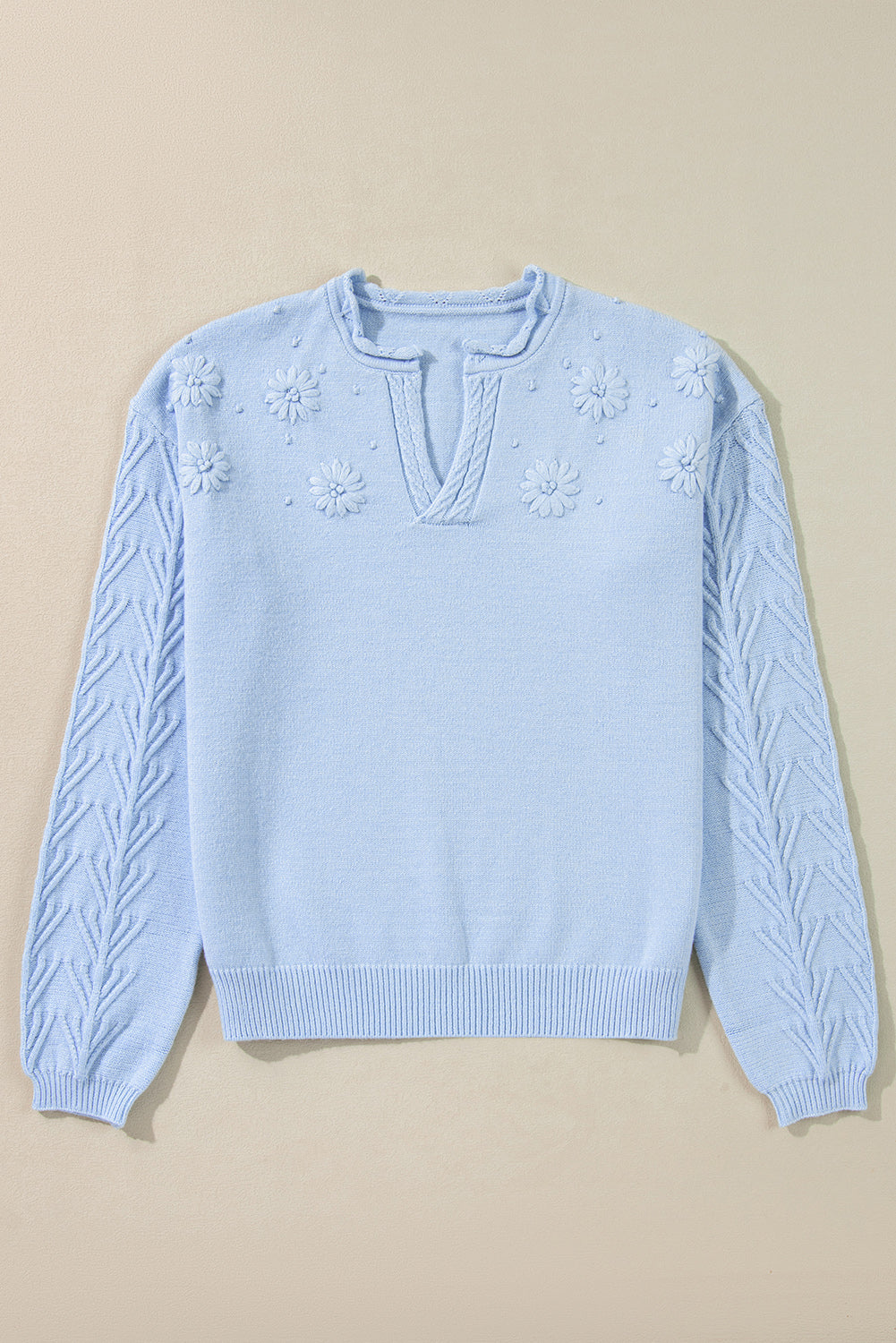 Beau Blue Flower Detail Knitted Notched Neck Sweater Sweaters JT's Designer Fashion
