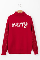 Racing Red Merry Graphic Sequin Sleeve Turtleneck Sweater Sweaters JT's Designer Fashion