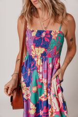 Purple Floral Print Shirred Spaghetti Strap Loose Long Dress Maxi Dresses JT's Designer Fashion