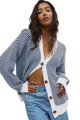 Blue Stripe Buttoned Front V Neck Herringbone Cardigan Cardigans JT's Designer Fashion