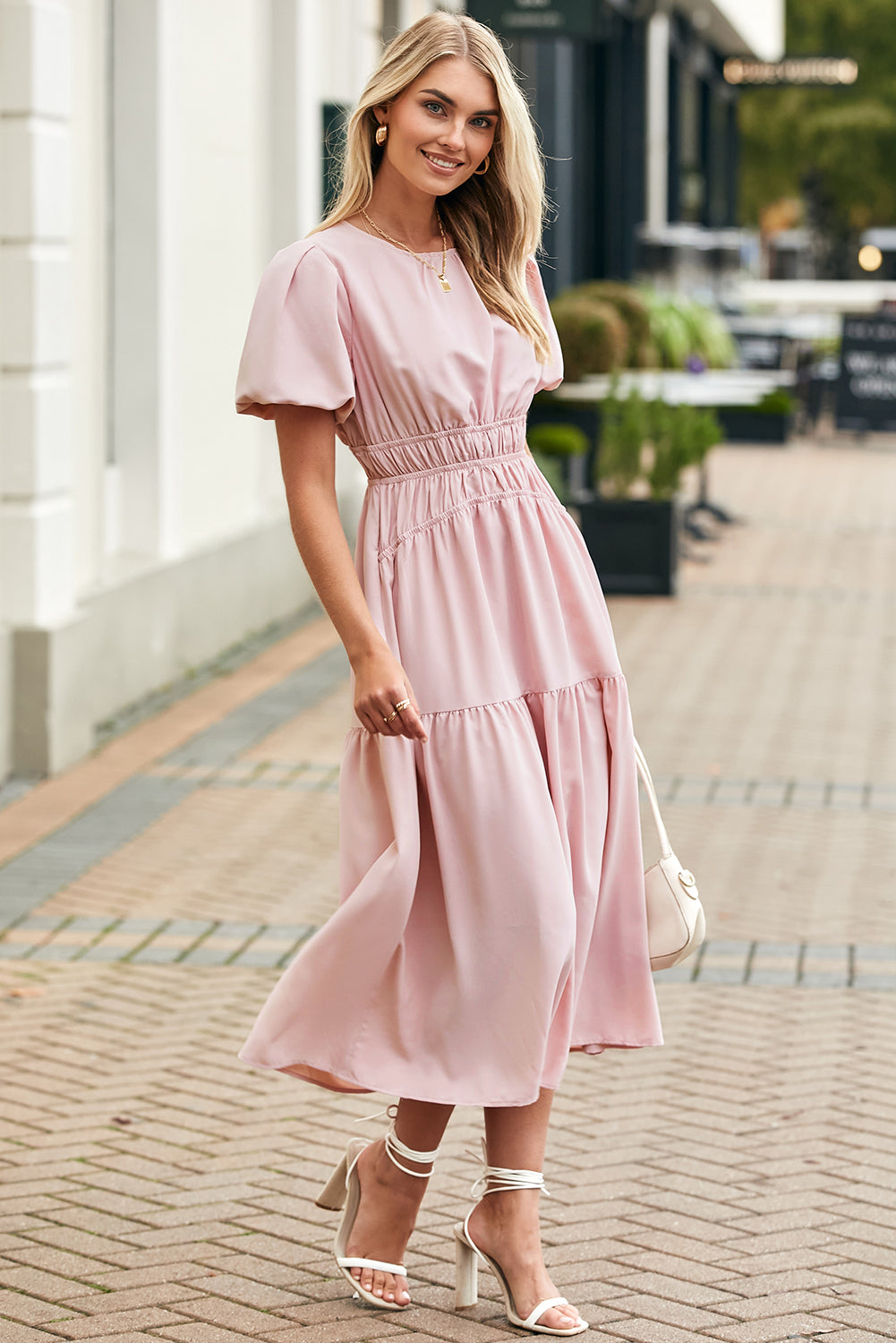 Pink Puff Sleeve Pleated High Waist Flowy Long Dress Maxi Dresses JT's Designer Fashion