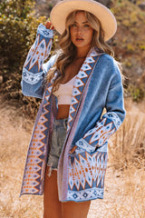 Blue Aztec Print Open Front Knitted Cardigan Sweaters & Cardigans JT's Designer Fashion