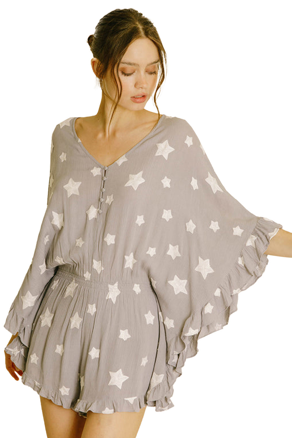 Gray Star Print Crinkle Textured Kimono Ruffle Sleeve Romper Bottoms JT's Designer Fashion