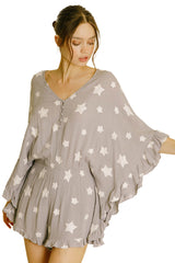 Gray Star Print Crinkle Textured Kimono Ruffle Sleeve Romper Bottoms JT's Designer Fashion
