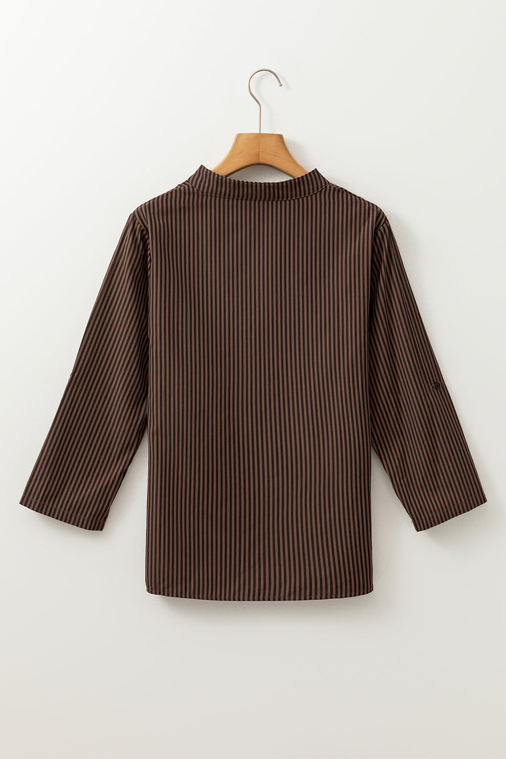 Brown Stripe V Neck Roll Up Sleeve Pocket Patched Classic Shirt Blouses & Shirts JT's Designer Fashion