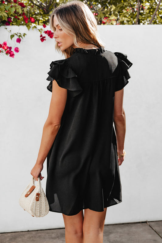 Black Ruffle Sleeve V Neck Frilled Shift Dress Mini Dresses JT's Designer Fashion