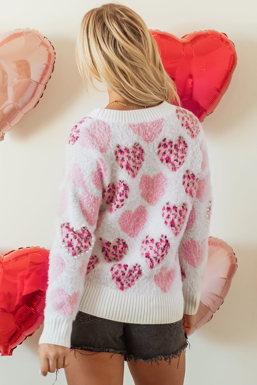 Pink Heart Leopard Print Pearled Ribbed Trim Fuzzy Sweater Sweaters JT's Designer Fashion