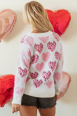 Pink Heart Leopard Print Pearled Ribbed Trim Fuzzy Sweater Sweaters JT's Designer Fashion
