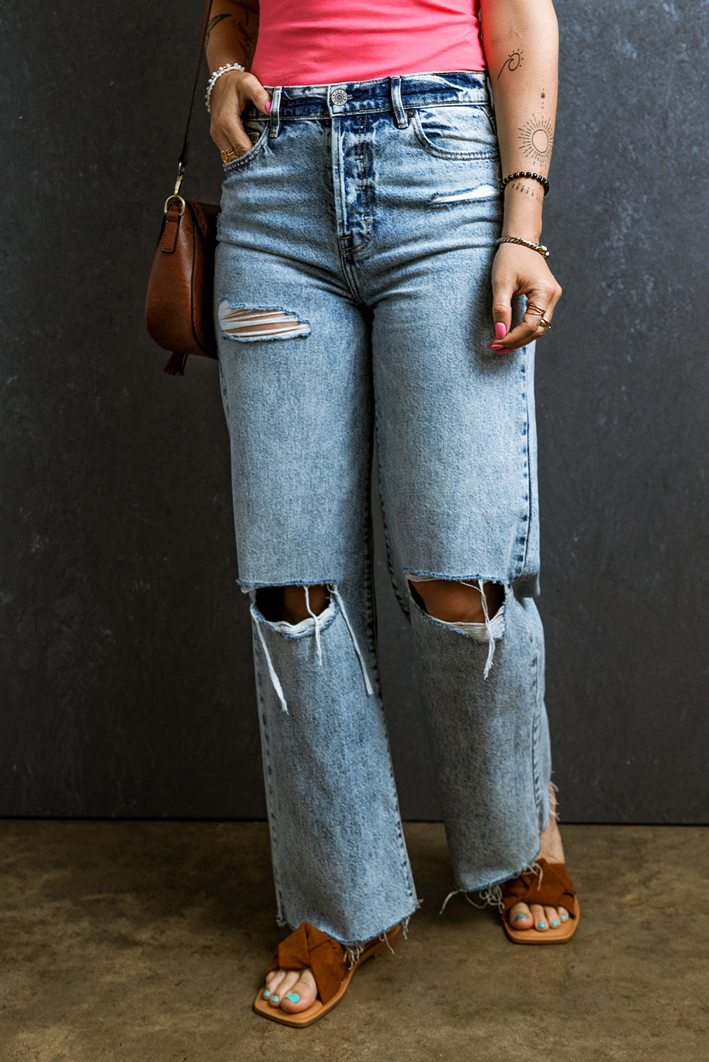 Light Blue Distressed Ripped Raw Hem Straight Jeans Jeans JT's Designer Fashion