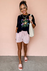 Black Floral Print Crewneck T Shirt Graphic Tees JT's Designer Fashion