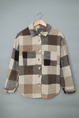 Khaki Plaid Color Block Buttoned Long Sleeve Jacket with Pocket Plaid Shackets JT's Designer Fashion