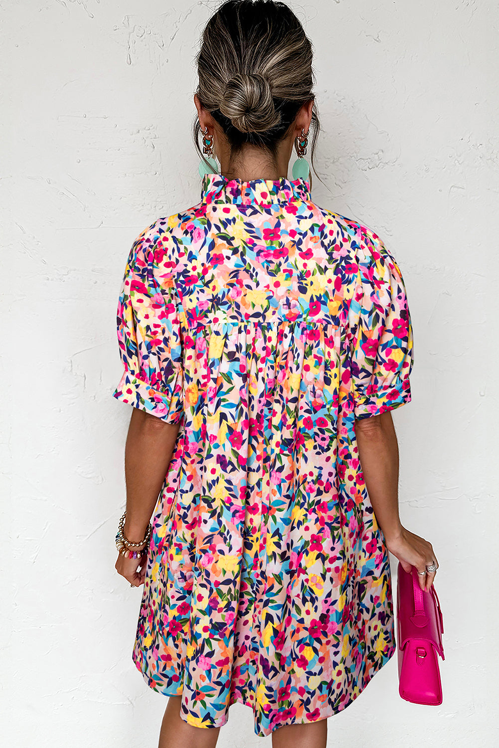 Pink Floral Puff Short Sleeve V Neck Mini Dress Floral Dresses JT's Designer Fashion