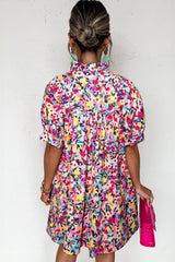 Pink Floral Puff Short Sleeve V Neck Mini Dress Floral Dresses JT's Designer Fashion
