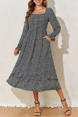Black Floral Printed Long Sleeve Square Neck Midi Dress Black 100%Polyester Floral Dresses JT's Designer Fashion