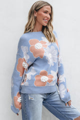 Beau Blue Floral O Neck Drop Shoulder Knitted Sweater Sweaters JT's Designer Fashion