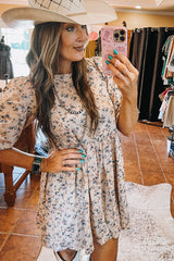 Beige Floral Puff Short Sleeve Empire Waist Mini Dress Floral Dresses JT's Designer Fashion