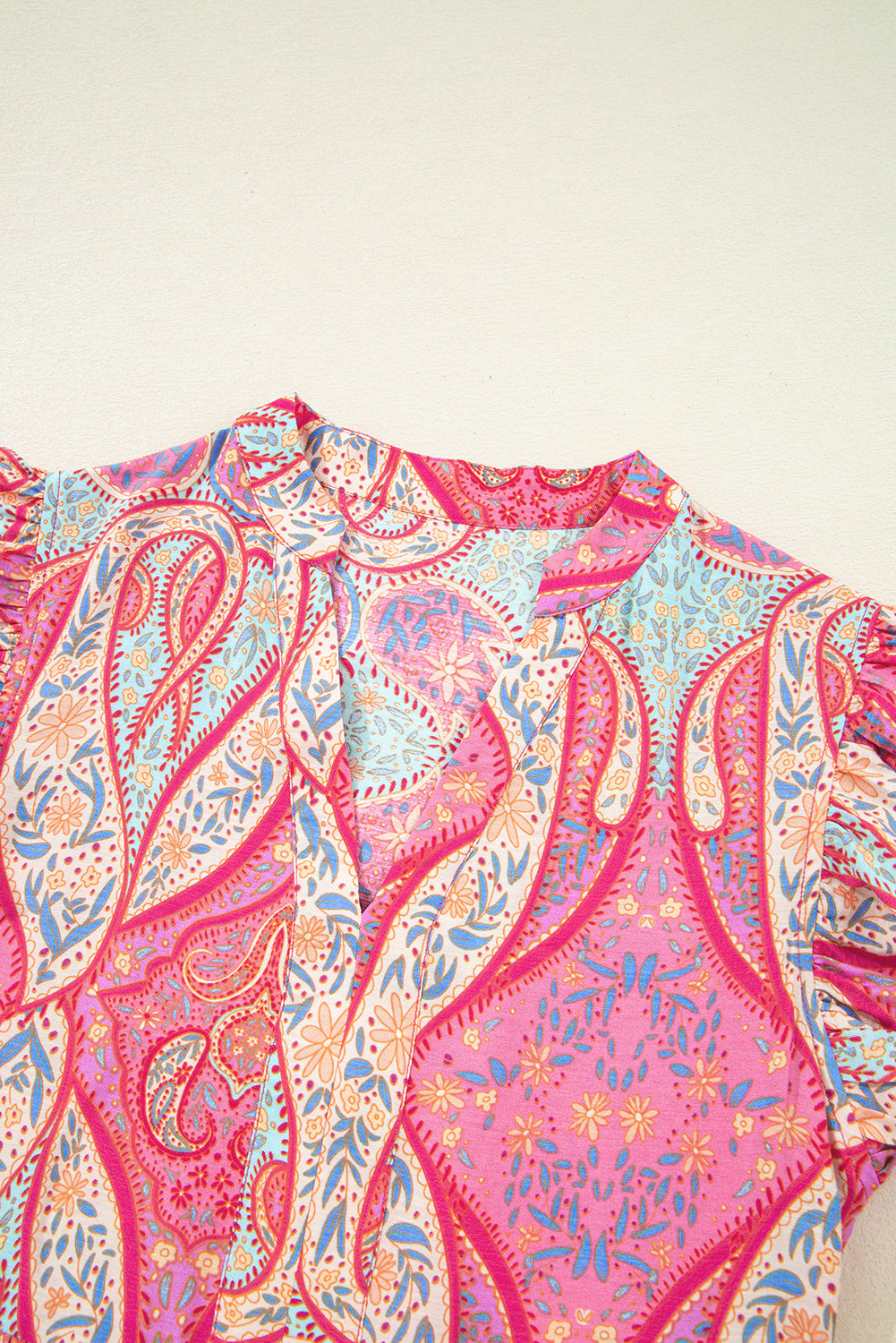 Rose Tribal Paisley Print Ruffled Sleeve Notch Neck Midi Dress Floral Dresses JT's Designer Fashion