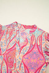 Rose Tribal Paisley Print Ruffled Sleeve Notch Neck Midi Dress Floral Dresses JT's Designer Fashion