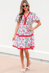 Pink Floral Print Contrast Trim V Neck Bubble Short Sleeve Babydoll Dress Floral Dresses JT's Designer Fashion
