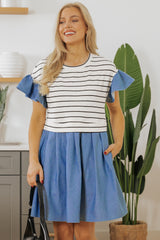 Black Stripe Ruffle Denim Patchwork Round Neck Mini Dress Mini Dresses JT's Designer Fashion