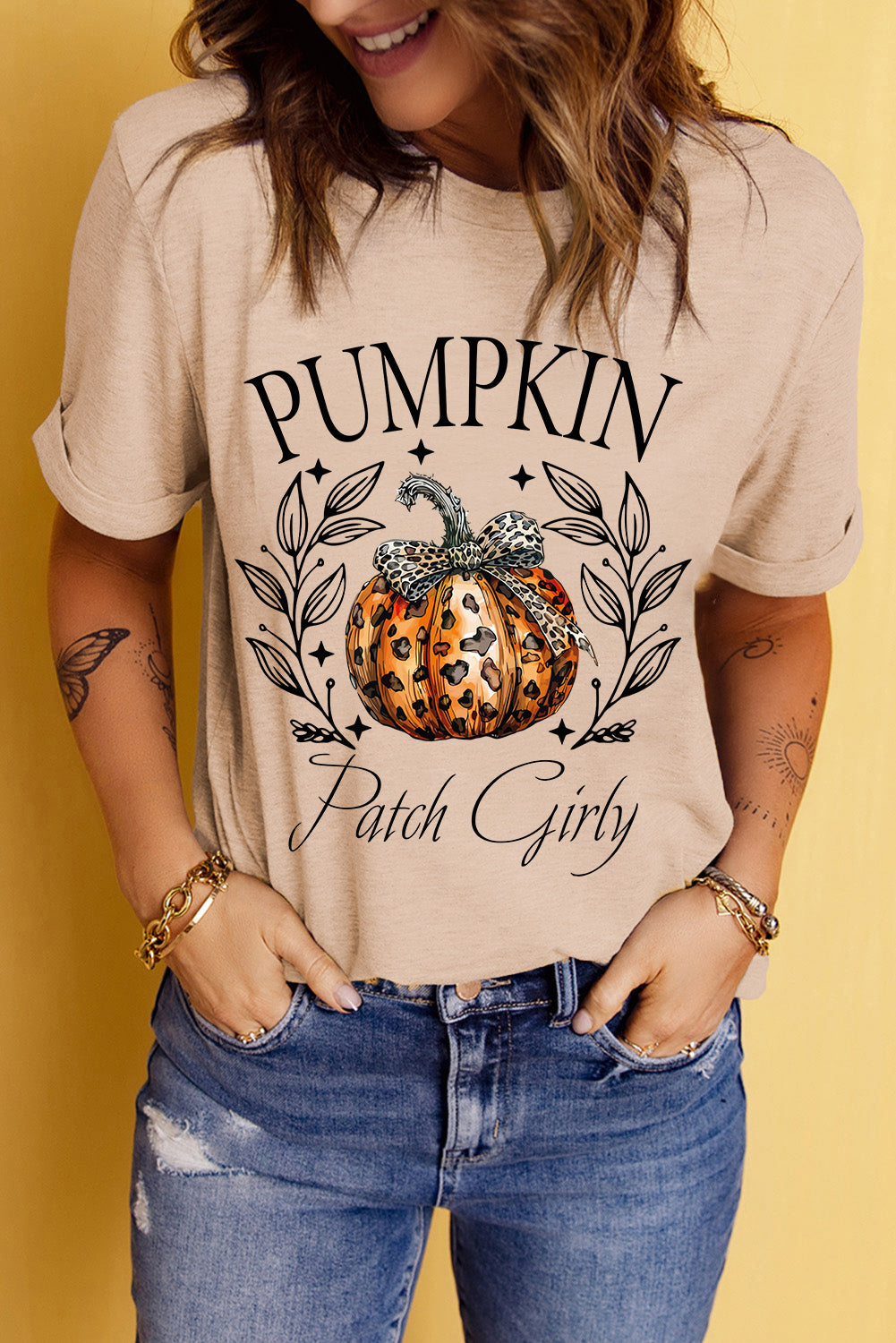Khaki PUMPKIN Patch Girly Leopard Bowknot Pumpkin Graphic T Shirt Graphic Tees JT's Designer Fashion