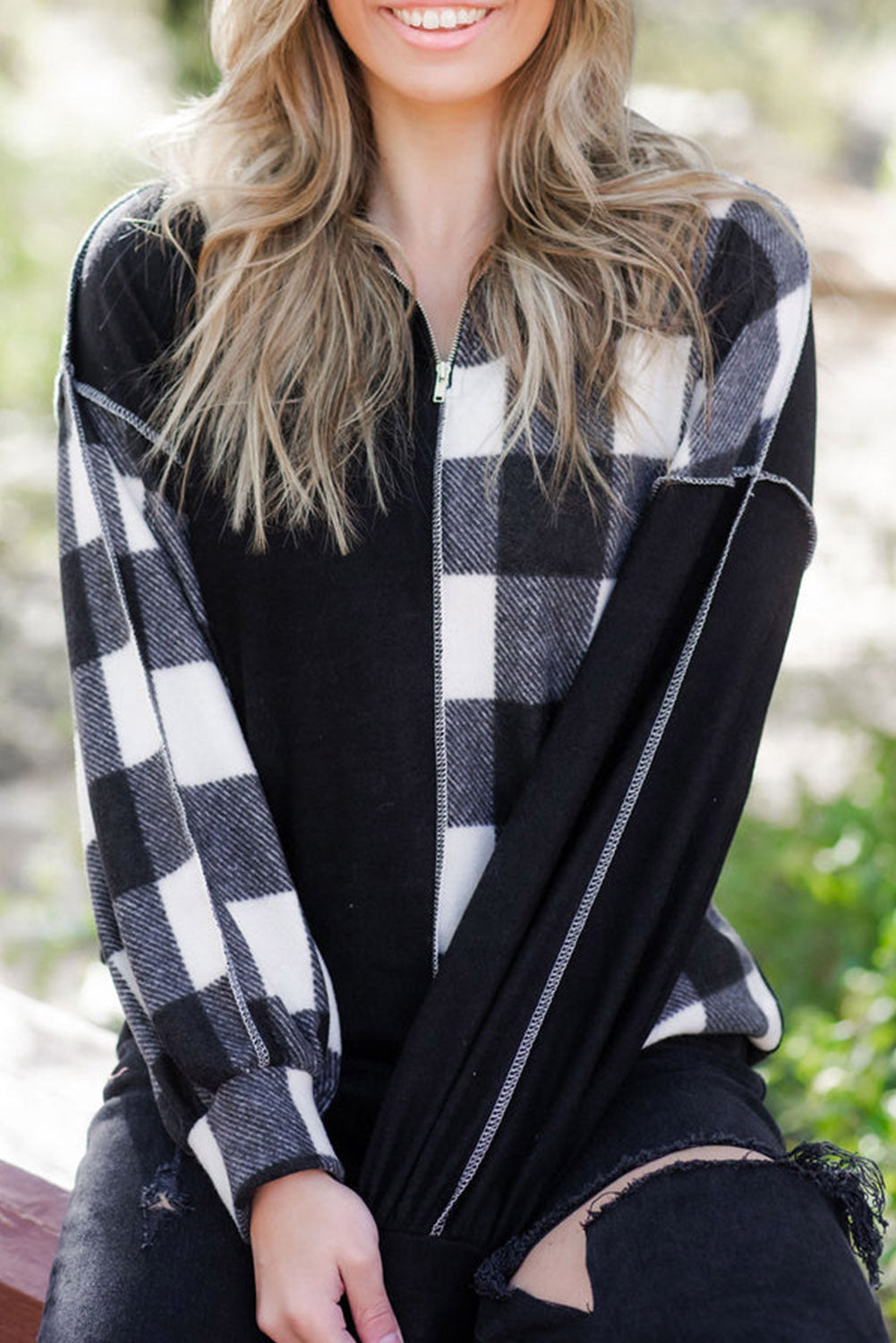 Black Checkboard Patchwork Exposed Stitching Collared Top Long Sleeve Tops JT's Designer Fashion