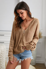 Khaki Zipper V-neck Dropped Sleeve Hooded Solid Sweater Sweaters & Cardigans JT's Designer Fashion