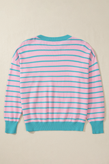 Pink Stripe Trimmed Round Neck Drop Shoulder Loose Sweater Sweaters JT's Designer Fashion