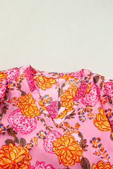Pink Floral Bubble Sleeve V Neck Ruffled Mini Dress Floral Dresses JT's Designer Fashion