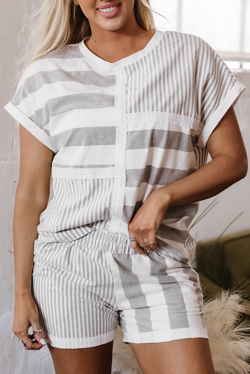 Gray Stripe Mixed Print Short Sleeve Top and Pocketed Shorts Set Short Sets JT's Designer Fashion