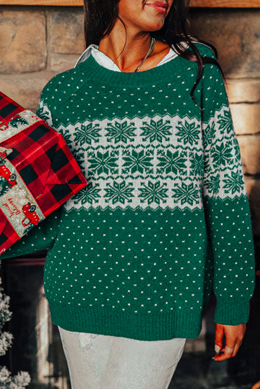 Green Christmas Snowflake Dotted Print Round Neck Sweater Sweaters JT's Designer Fashion