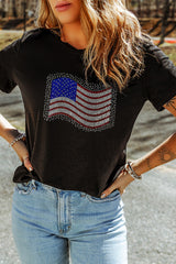 Black Rhinestone American Flag Casual Round Neck Tee Graphic Tees JT's Designer Fashion