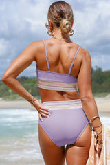 Orchid Petal Striped Patchwork Spaghetti Strap High Waist Bikini Swimsuit High Waisted Swimsuit JT's Designer Fashion