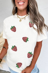 White Sequin Strawberry Patched Crew Neck T Shirt Graphic Tees JT's Designer Fashion