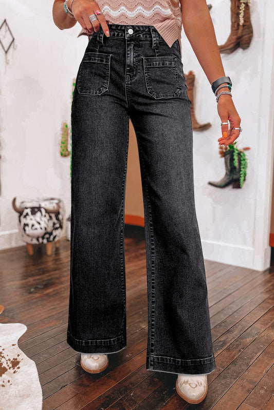 Black Wide Leg Pocketed High Waist Jeans Black 71%Cotton+27.5%Polyester+1.5%Elastane Jeans JT's Designer Fashion