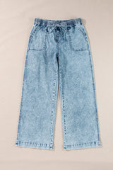 Myosotis Mineral Wash Drawstring Elastic Waistband Loose Straight Denim Pants Jeans JT's Designer Fashion