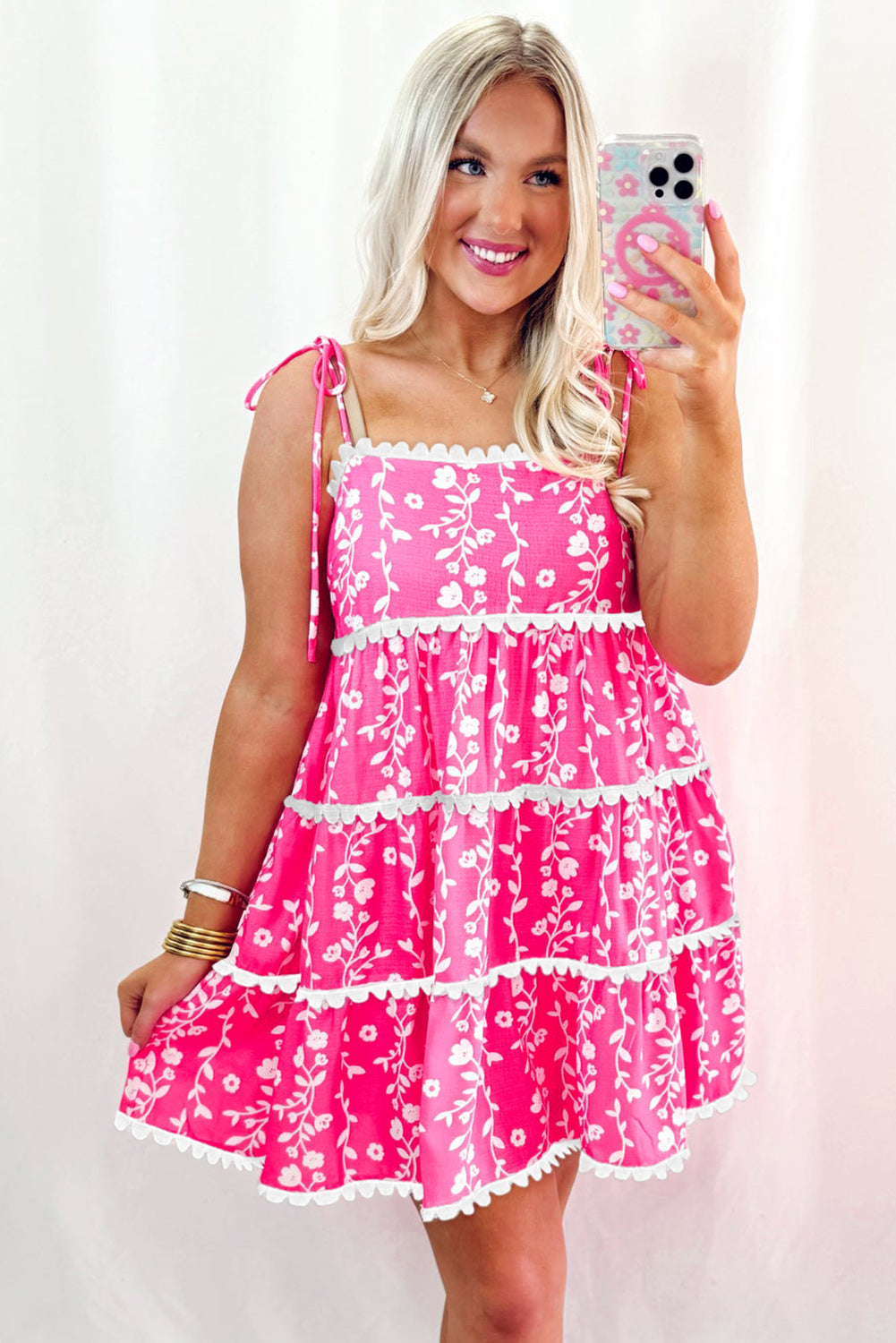 Pink Floral Print Ric Rac Patched Sleeveless Mini Dress Floral Dresses JT's Designer Fashion