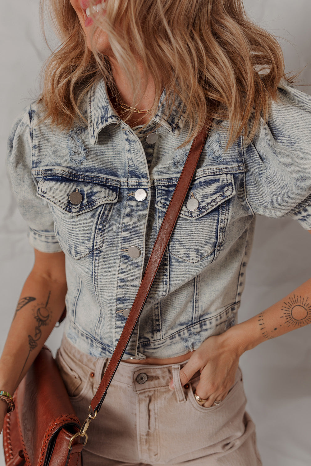 Beau Blue Light Wash Buttoned Chest Pocket Puff Sleeve Denim Jacket Denim Jackets JT's Designer Fashion