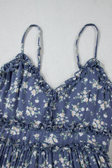 Blue Floral Spaghetti Strap Frilled V Neck Tiered Midi Dress Midi Dresses JT's Designer Fashion