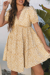 Yellow Floral Short Sleeve V Neck Frilly Tiered Mini Dress Floral Dresses JT's Designer Fashion