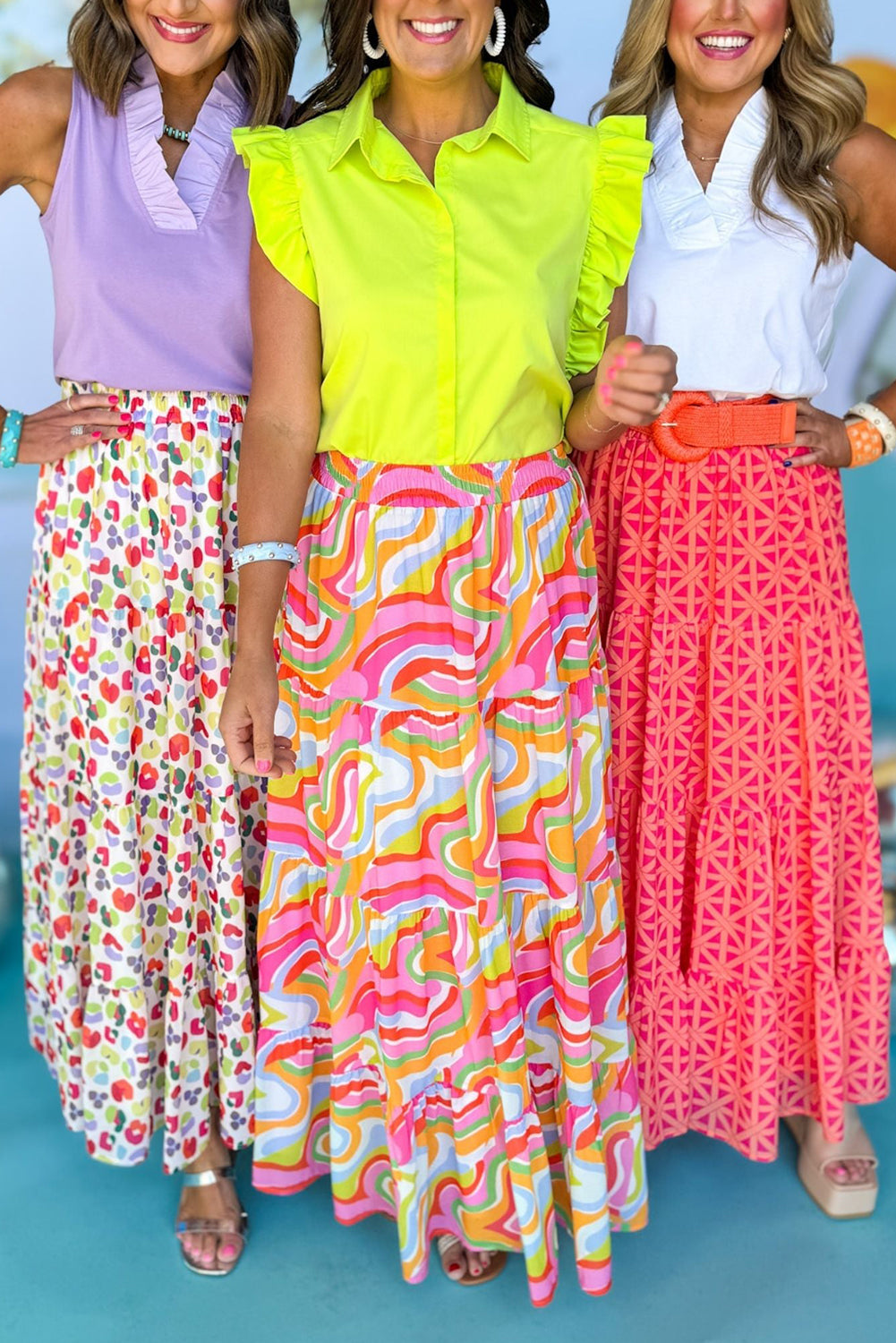 Green Bohemian Print Tiered Flare Maxi Skirt Bottoms JT's Designer Fashion