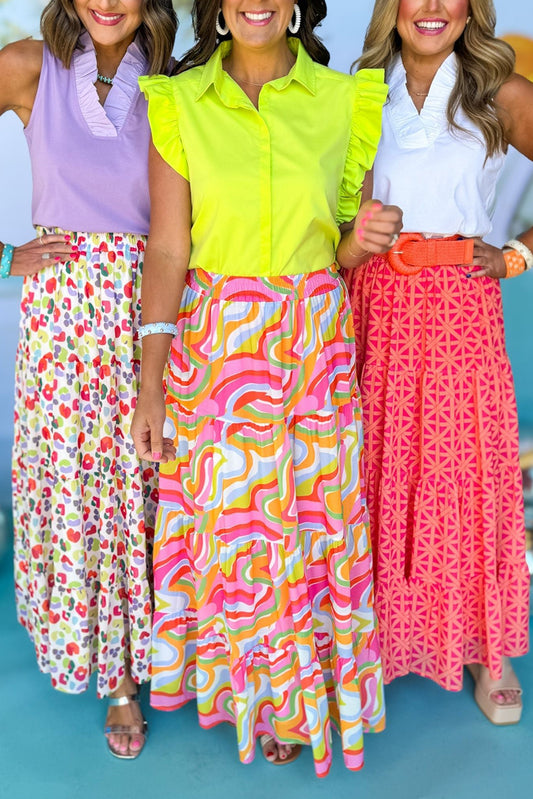 Green Bohemian Print Tiered Flare Maxi Skirt Bottoms JT's Designer Fashion