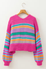 Rose Stripe Colorful Puff Sleeve Drop Shoulder Loose Cardigan Cardigans JT's Designer Fashion