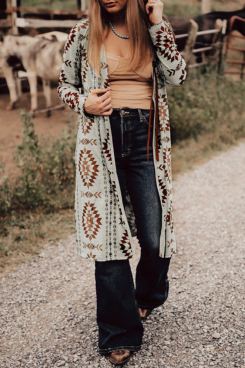 Brown Western Aztec Printed Open Front Long Cardigan Brown 95%Polyester+5%Elastane Cardigans JT's Designer Fashion