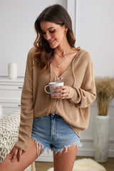 Khaki Zipper V-neck Dropped Sleeve Hooded Solid Sweater Sweaters & Cardigans JT's Designer Fashion