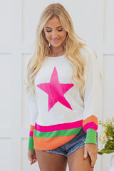 White Star Pattern Colorblock Striped Edge Drop Shoulder Sweater Sweaters JT's Designer Fashion