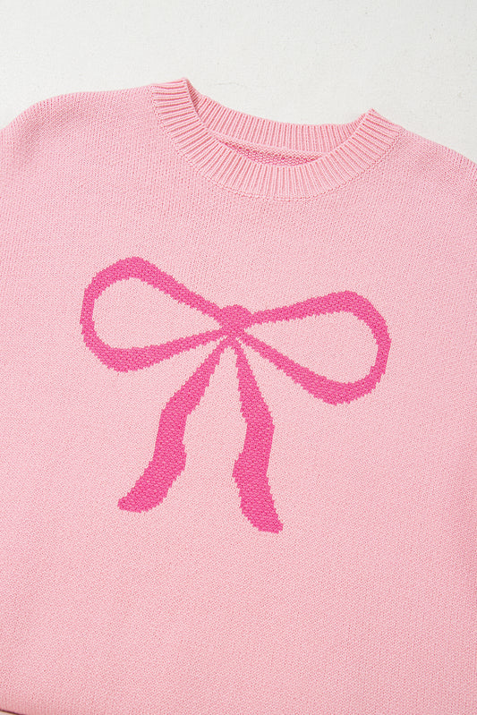 Pink Bow Graphic Drop Shoulder Round Neck Sweater Sweaters JT's Designer Fashion