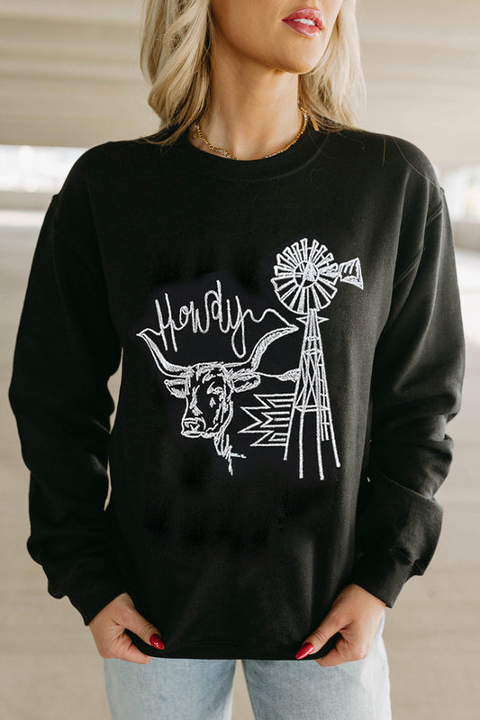 Black Embroidered Howdy Cow Western Graphic Crew Neck Sweatshirt Black 50%Polyester+50%Cotton Graphic Sweatshirts JT's Designer Fashion