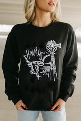 Black Embroidered Howdy Cow Western Graphic Crew Neck Sweatshirt Black 50%Polyester+50%Cotton Graphic Sweatshirts JT's Designer Fashion